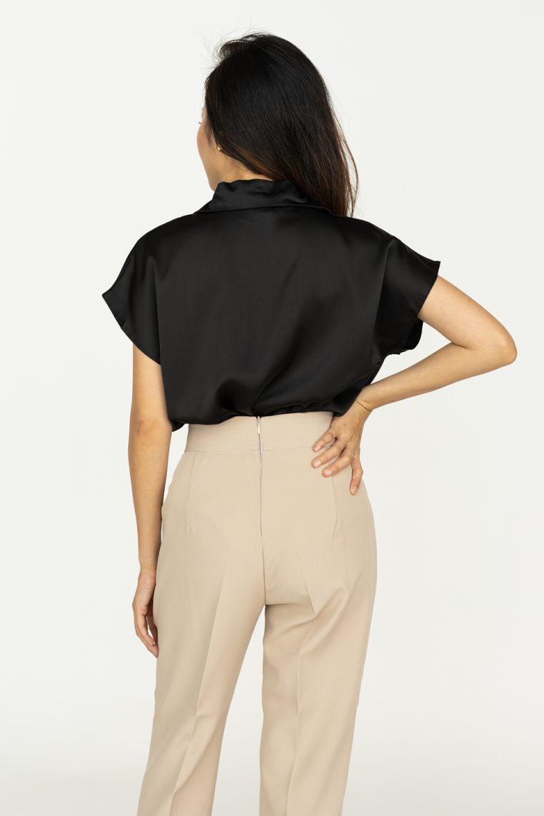 Twist Front Short Sleeve Satin Blouse - Black - Image 6
