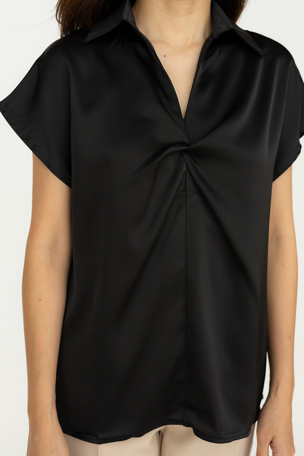 Twist Front Short Sleeve Satin Blouse - Black - Image 2