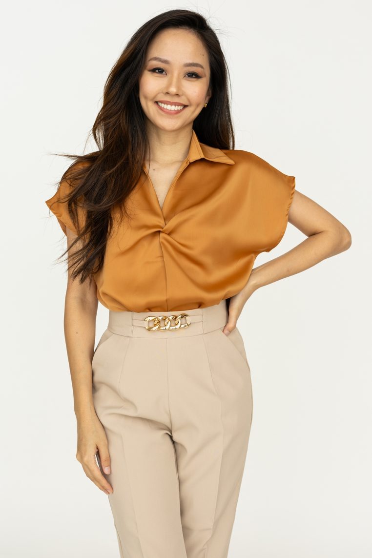 Twist Front Short Sleeve Satin Blouse - Burnt Orange - Image 3