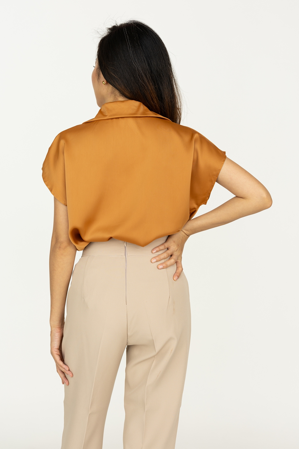 Twist Front Short Sleeve Satin Blouse - Burnt Orange - Image 6