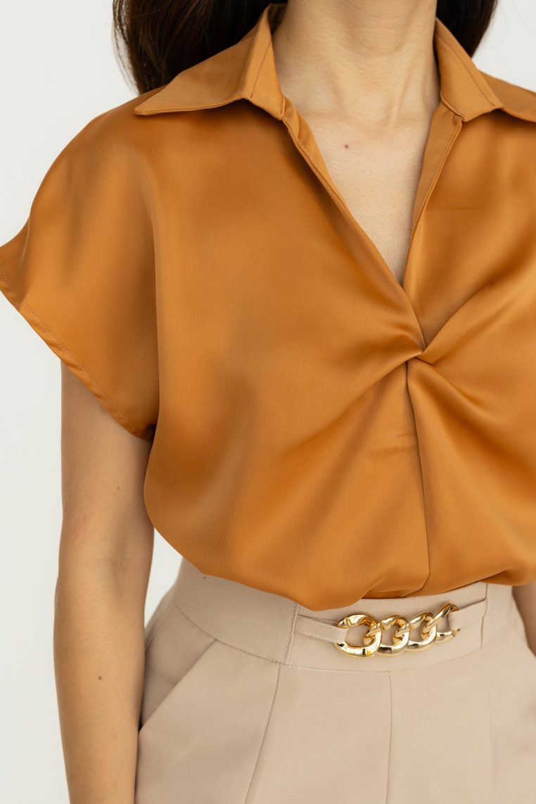 Twist Front Short Sleeve Satin Blouse - Burnt Orange - Image 8