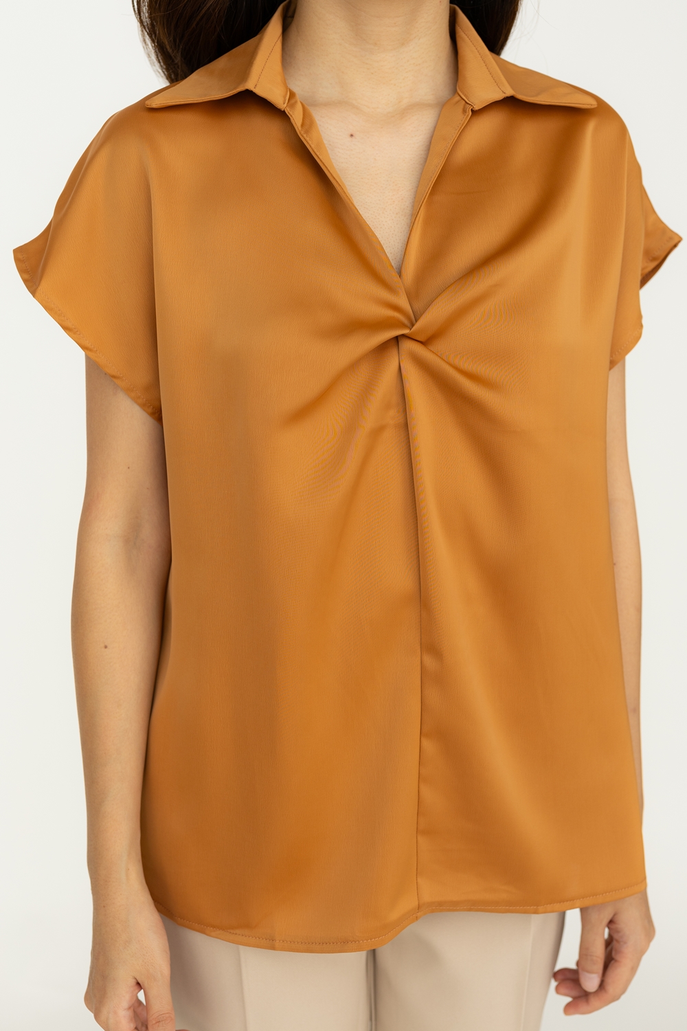 Twist Front Short Sleeve Satin Blouse - Burnt Orange - Image 2