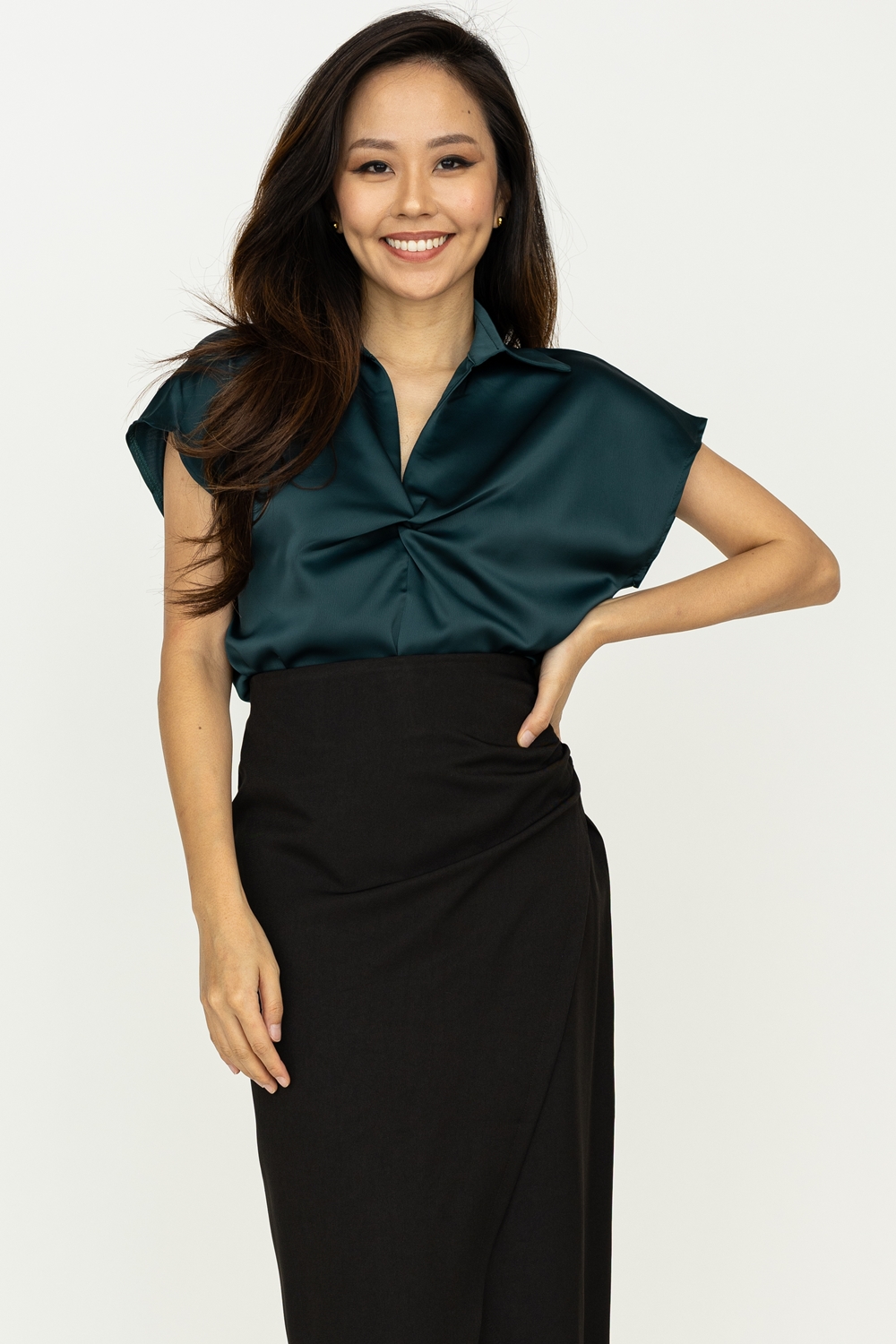 Twist Front Short Sleeve Satin Blouse - Forest Green