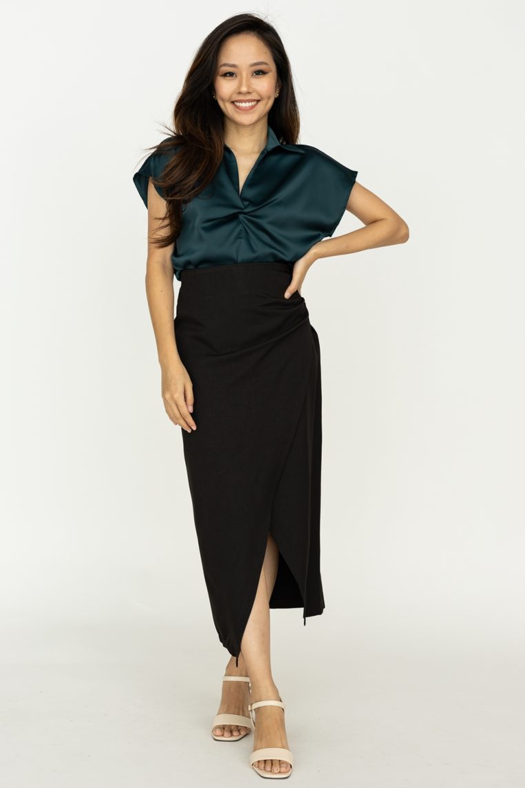 Twist Front Short Sleeve Satin Blouse - Forest Green - Image 3