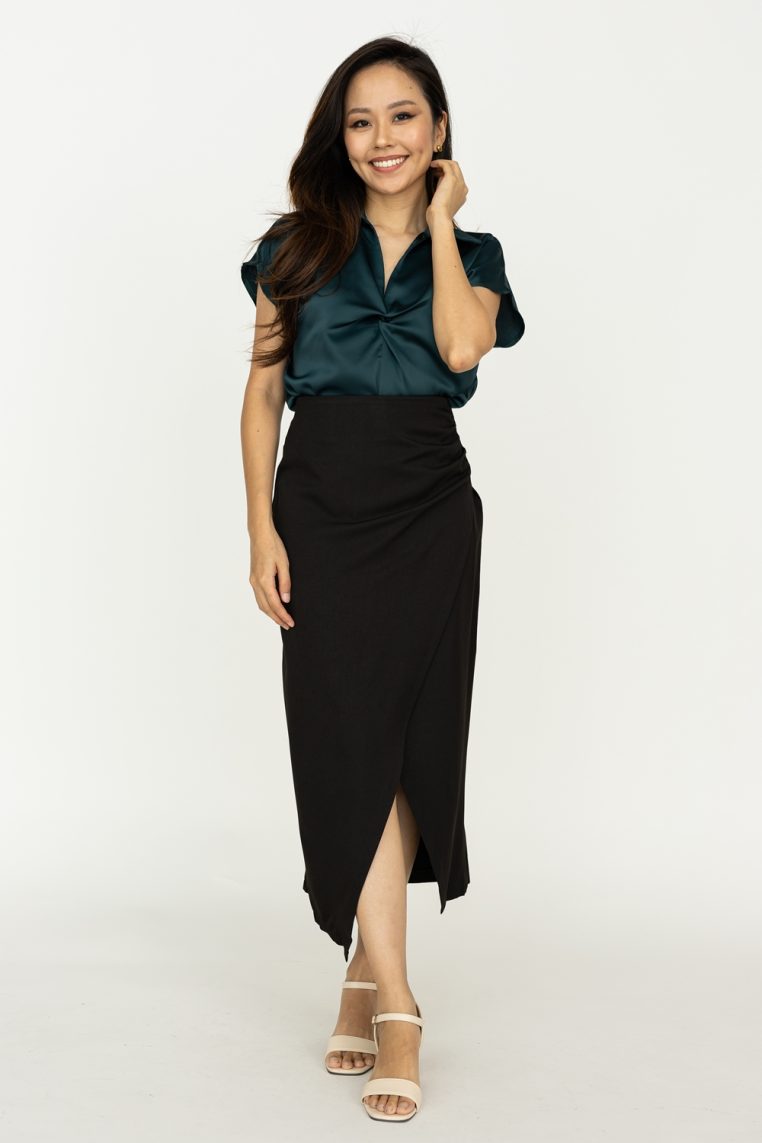 Twist Front Short Sleeve Satin Blouse - Forest Green - Image 4