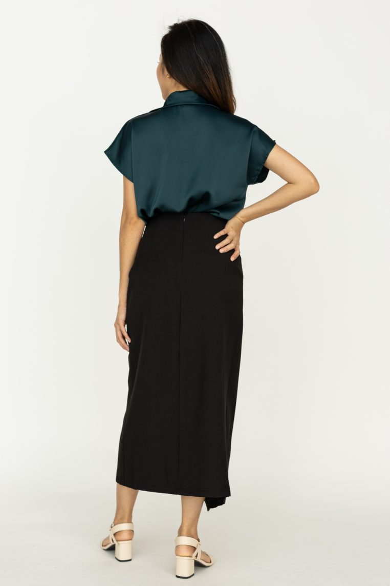 Twist Front Short Sleeve Satin Blouse - Forest Green - Image 6