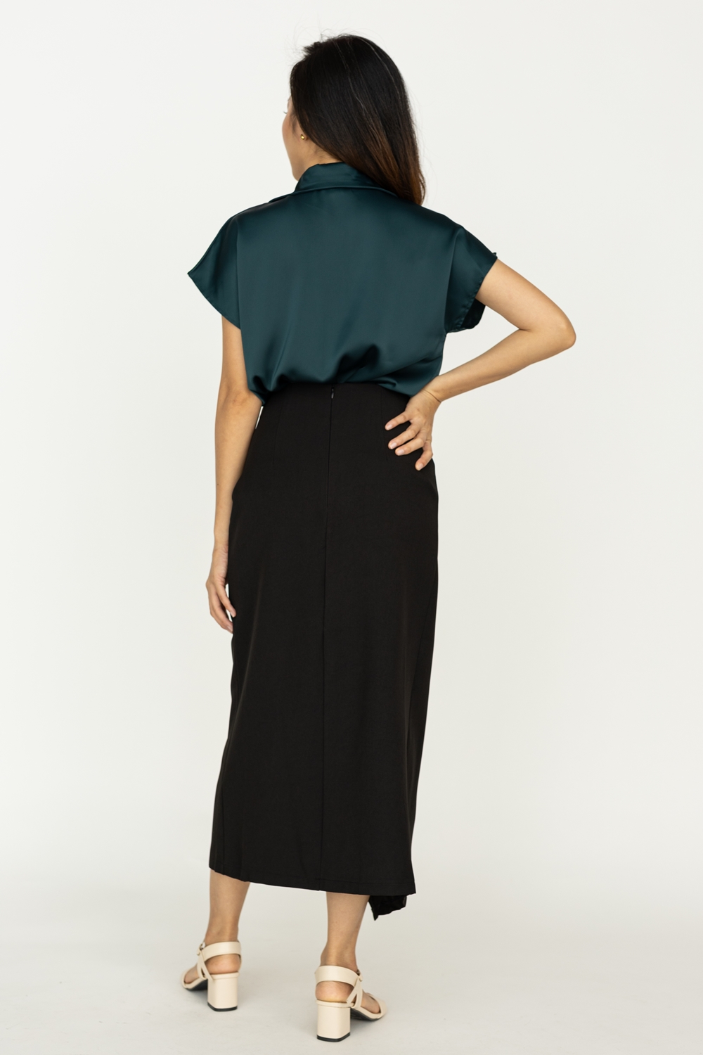 Twist Front Short Sleeve Satin Blouse - Forest Green - Image 6