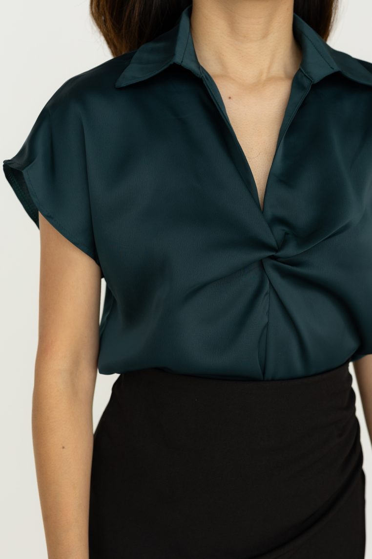 Twist Front Short Sleeve Satin Blouse - Forest Green - Image 7