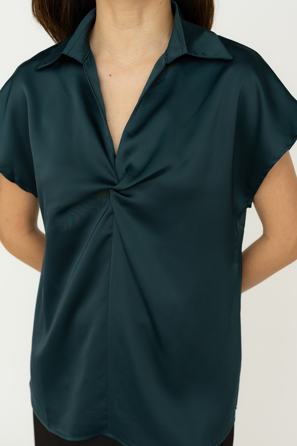 Twist Front Short Sleeve Satin Blouse - Forest Green - Image 2