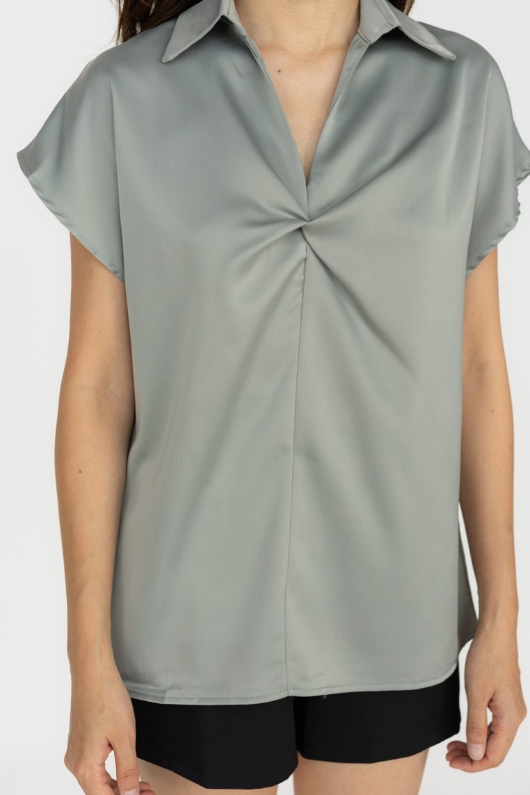 Twist Front Short Sleeve Satin Blouse – Sage Grey – Hook Clothing