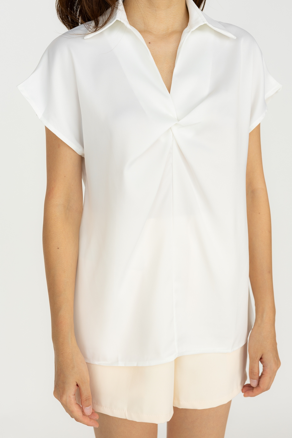 Twist Front Short Sleeve Satin Blouse - White - Image 2