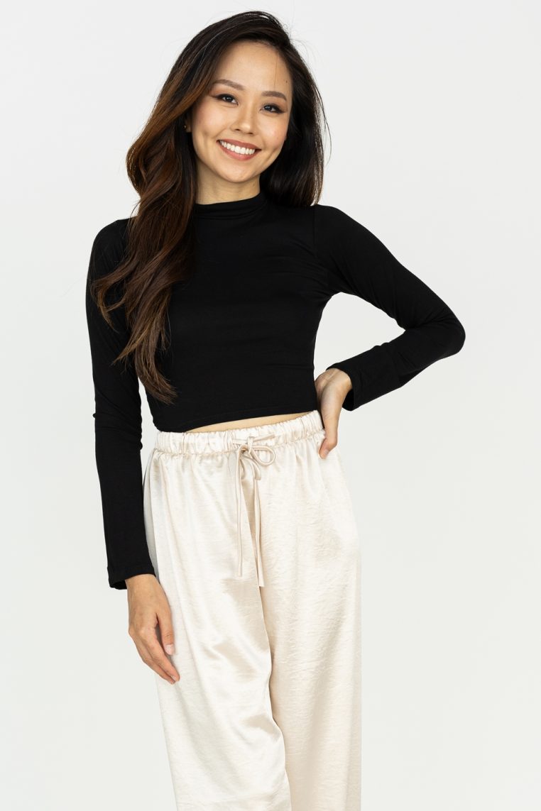 Crop High Neck Long Sleeve Top - Black