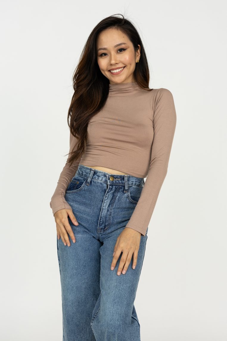 Crop High Neck Long Sleeve Top - Khaki