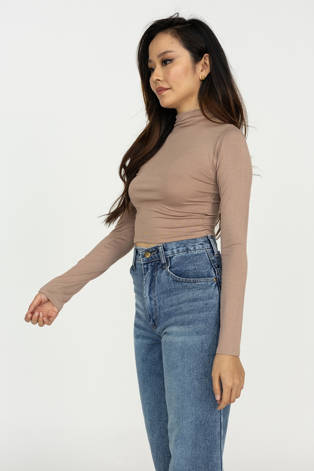 Crop High Neck Long Sleeve Top - Khaki - Image 5
