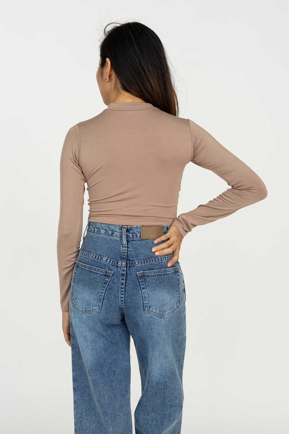 Crop High Neck Long Sleeve Top - Khaki - Image 2