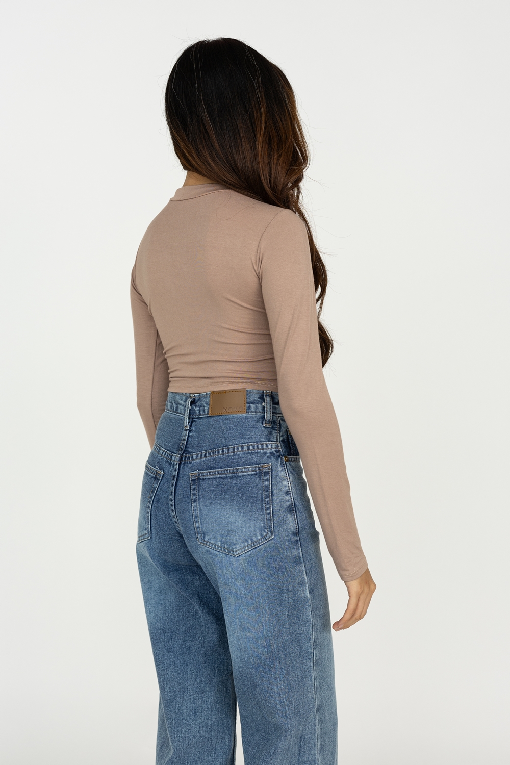 Crop High Neck Long Sleeve Top - Khaki - Image 6