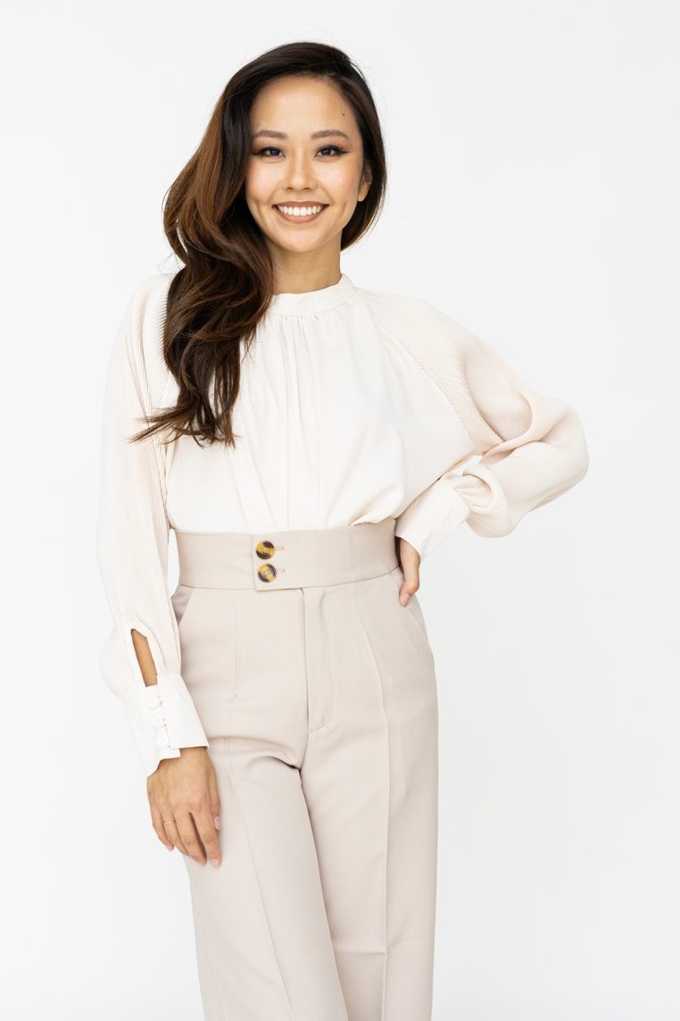 High Neck Pleated Sleeve Tunic Top - Cream