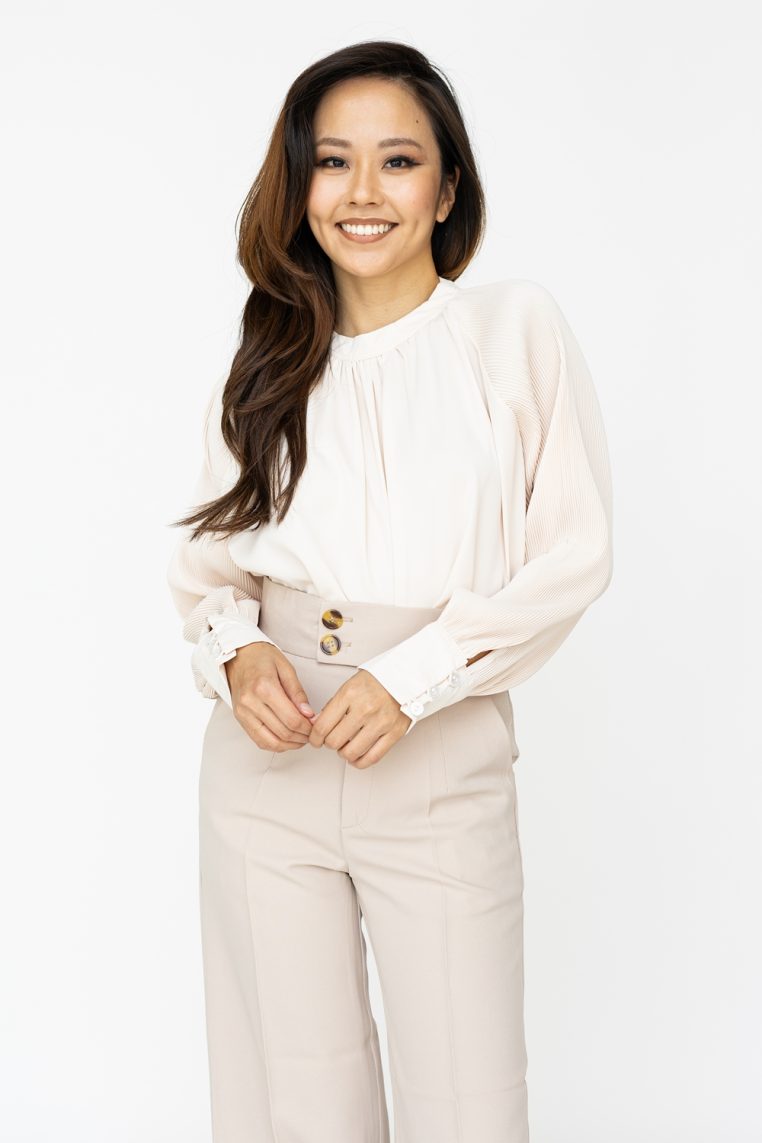High Neck Pleated Sleeve Tunic Top - Cream - Image 3