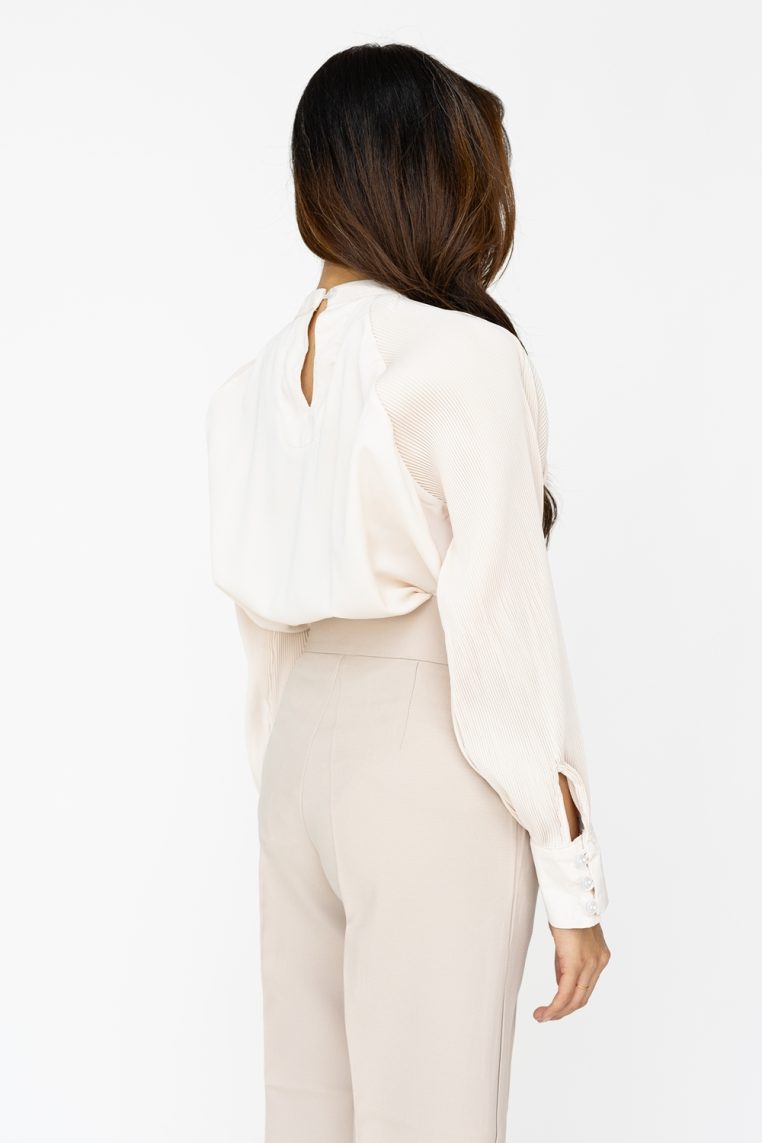 High Neck Pleated Sleeve Tunic Top - Cream - Image 7