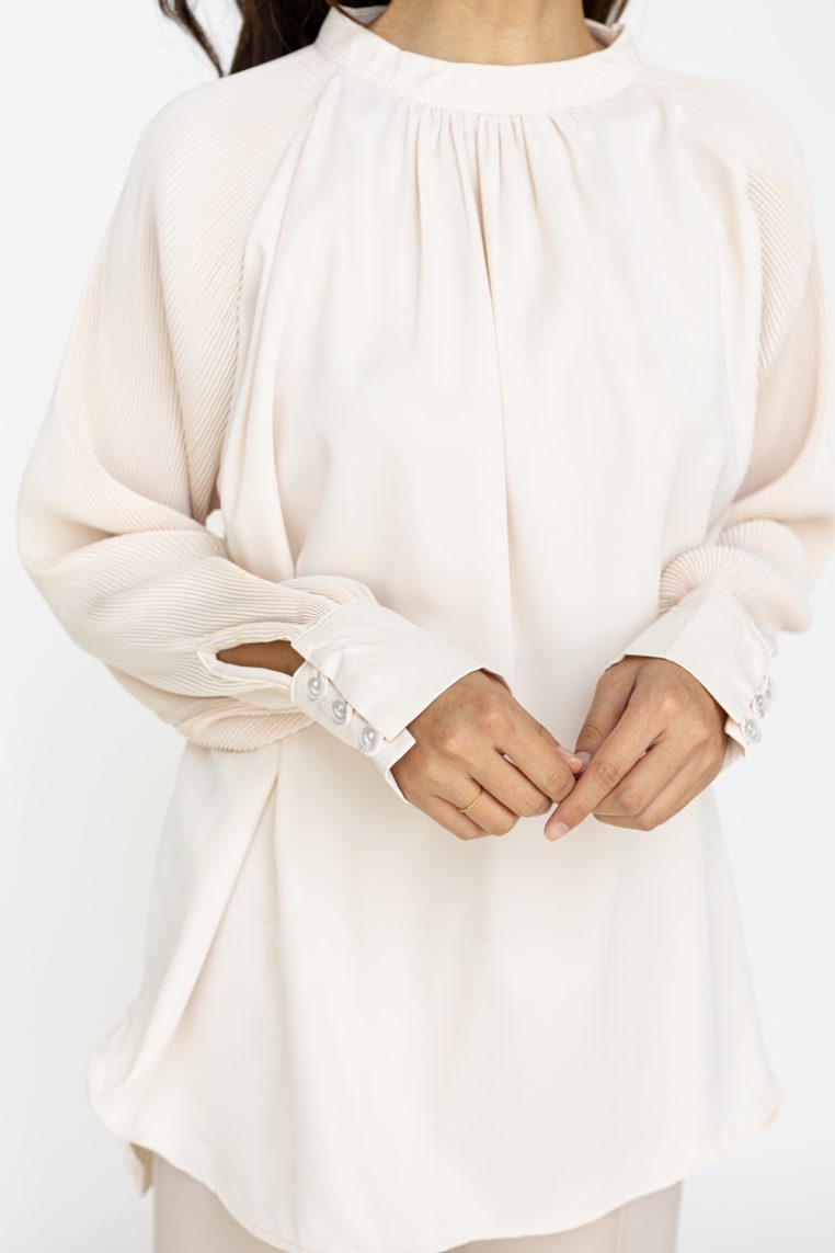 Alternative view of High Neck Pleated Sleeve Tunic Top - Cream