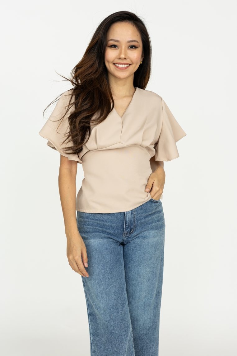 Flutter Sleeve Tie Blouse - Beige