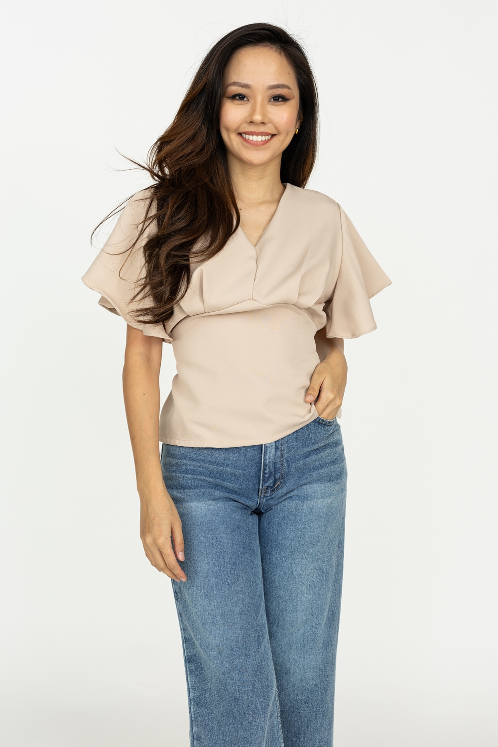 Flutter Sleeve Tie Blouse - Beige
