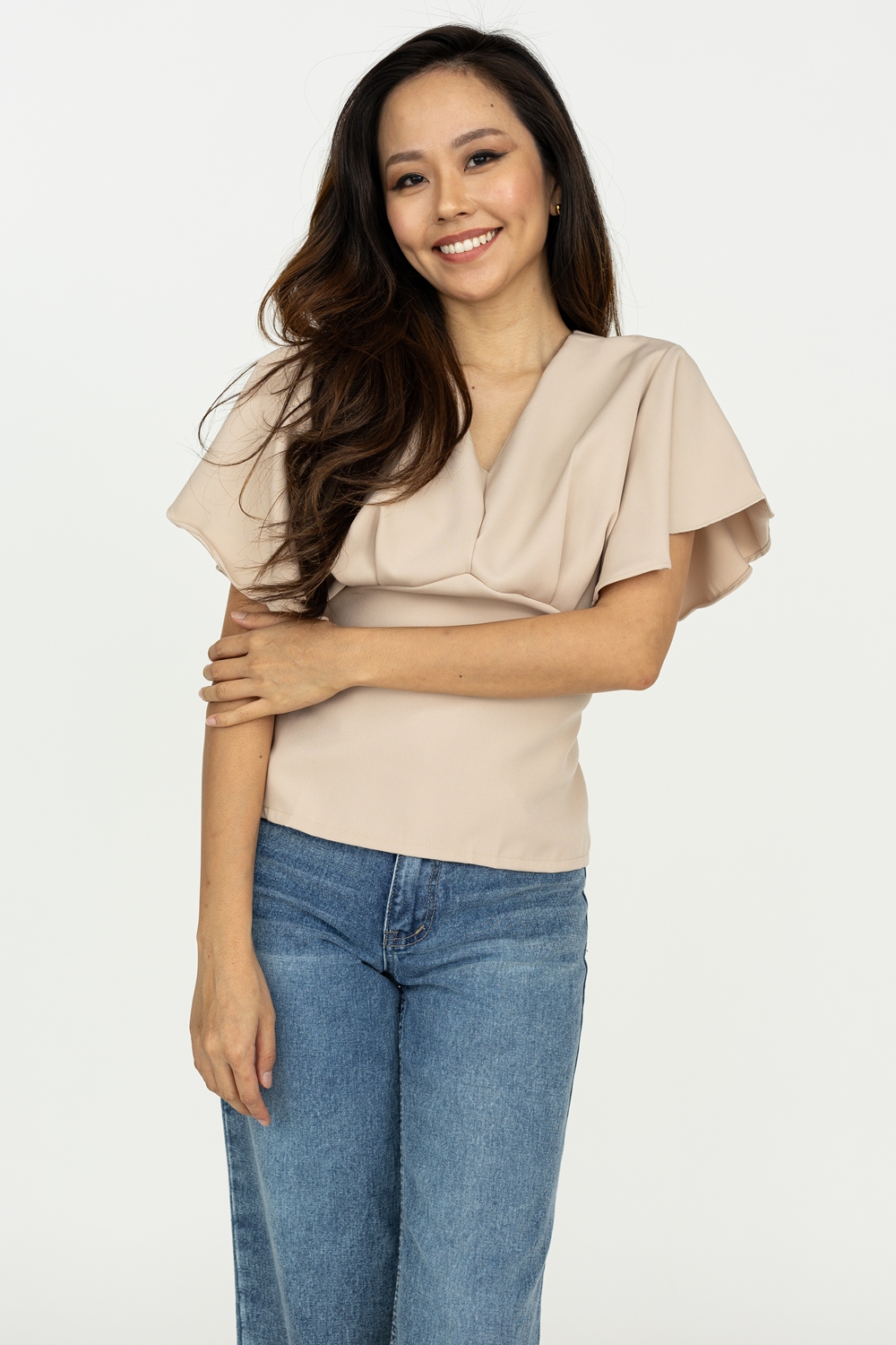 Flutter Sleeve Tie Blouse - Beige - Image 4