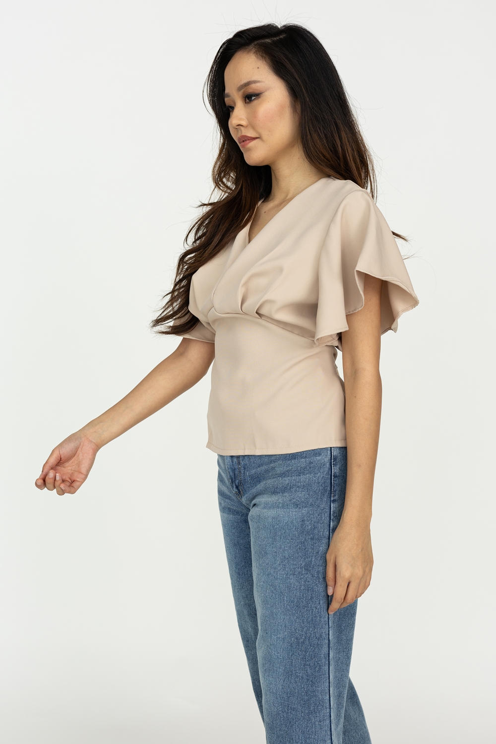 Flutter Sleeve Tie Blouse - Beige - Image 5