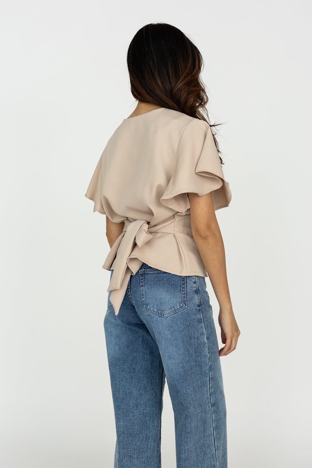 Flutter Sleeve Tie Blouse - Beige - Image 7