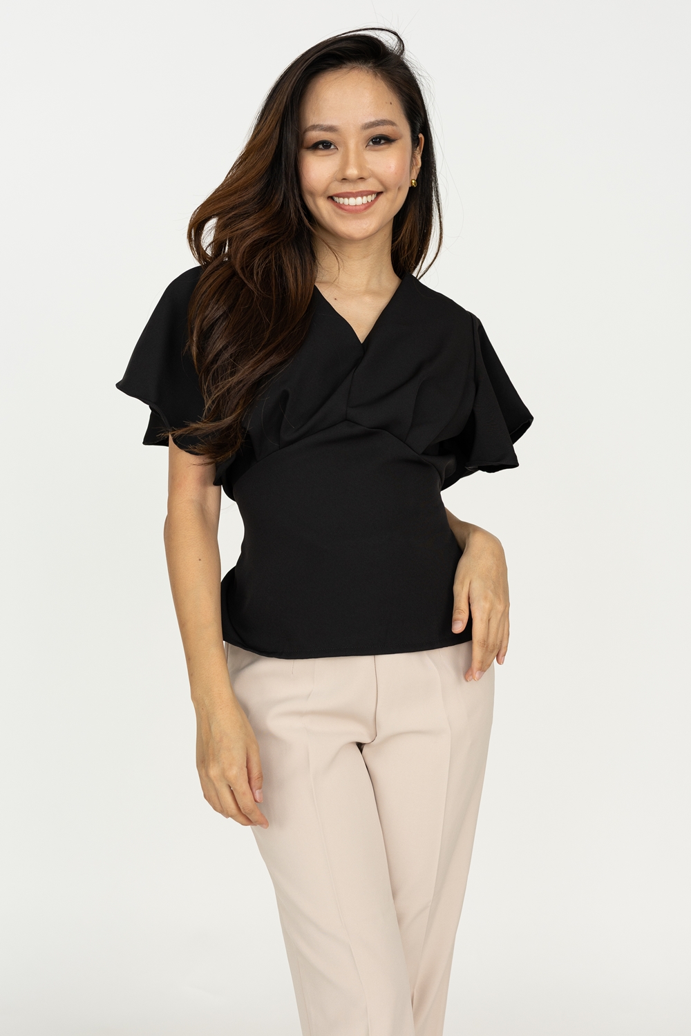 Flutter Sleeve Tie Blouse - Black