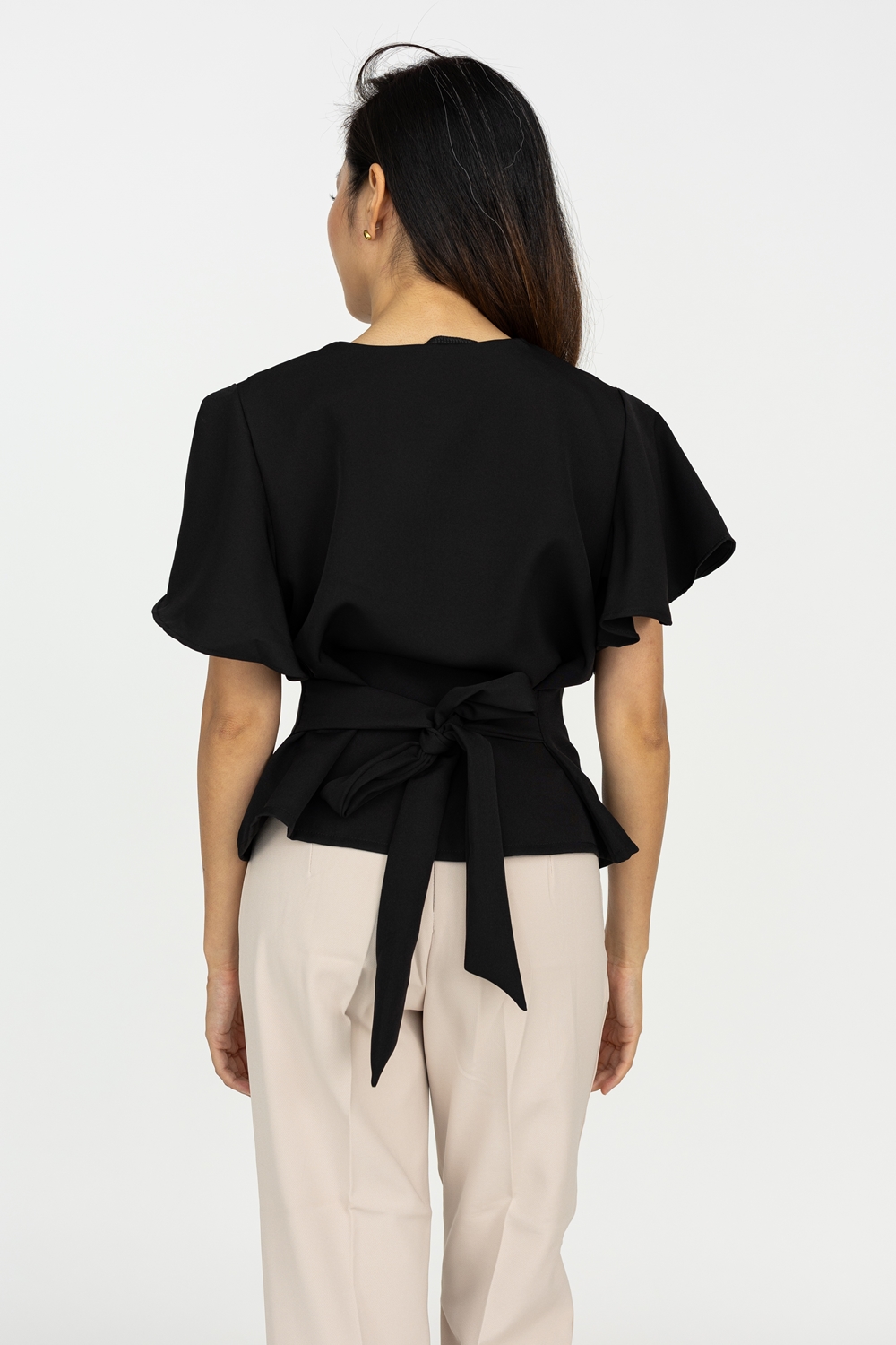 Flutter Sleeve Tie Blouse - Black - Image 2