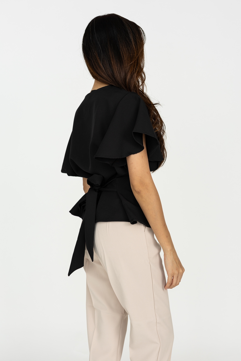 Flutter Sleeve Tie Blouse - Black - Image 6