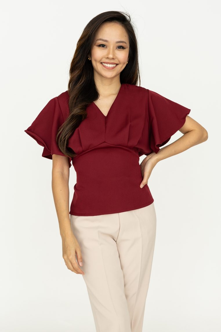 Flutter Sleeve Tie Blouse - Burgundy