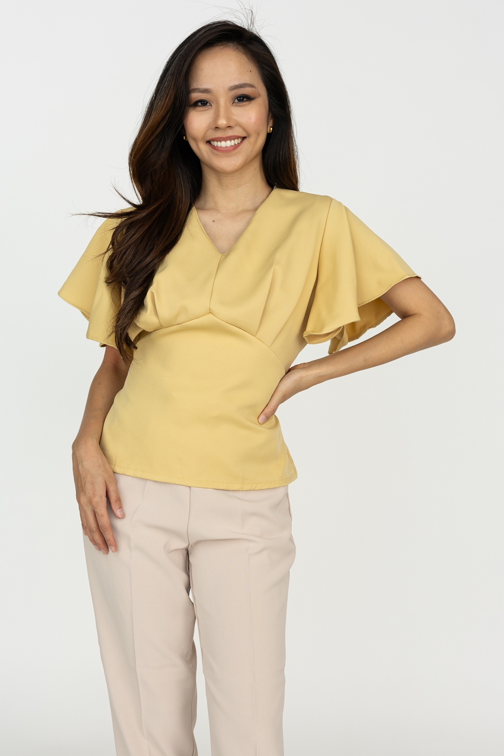 Flutter Sleeve Tie Blouse - Mustard