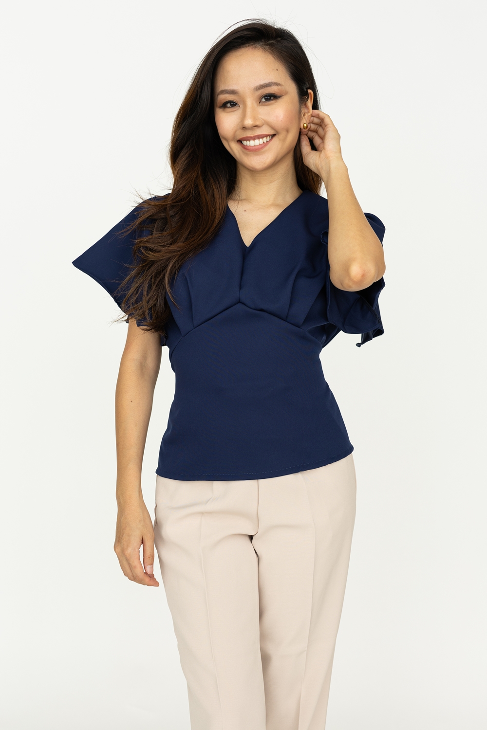 Flutter Sleeve Tie Blouse - Navy Blue - Image 4