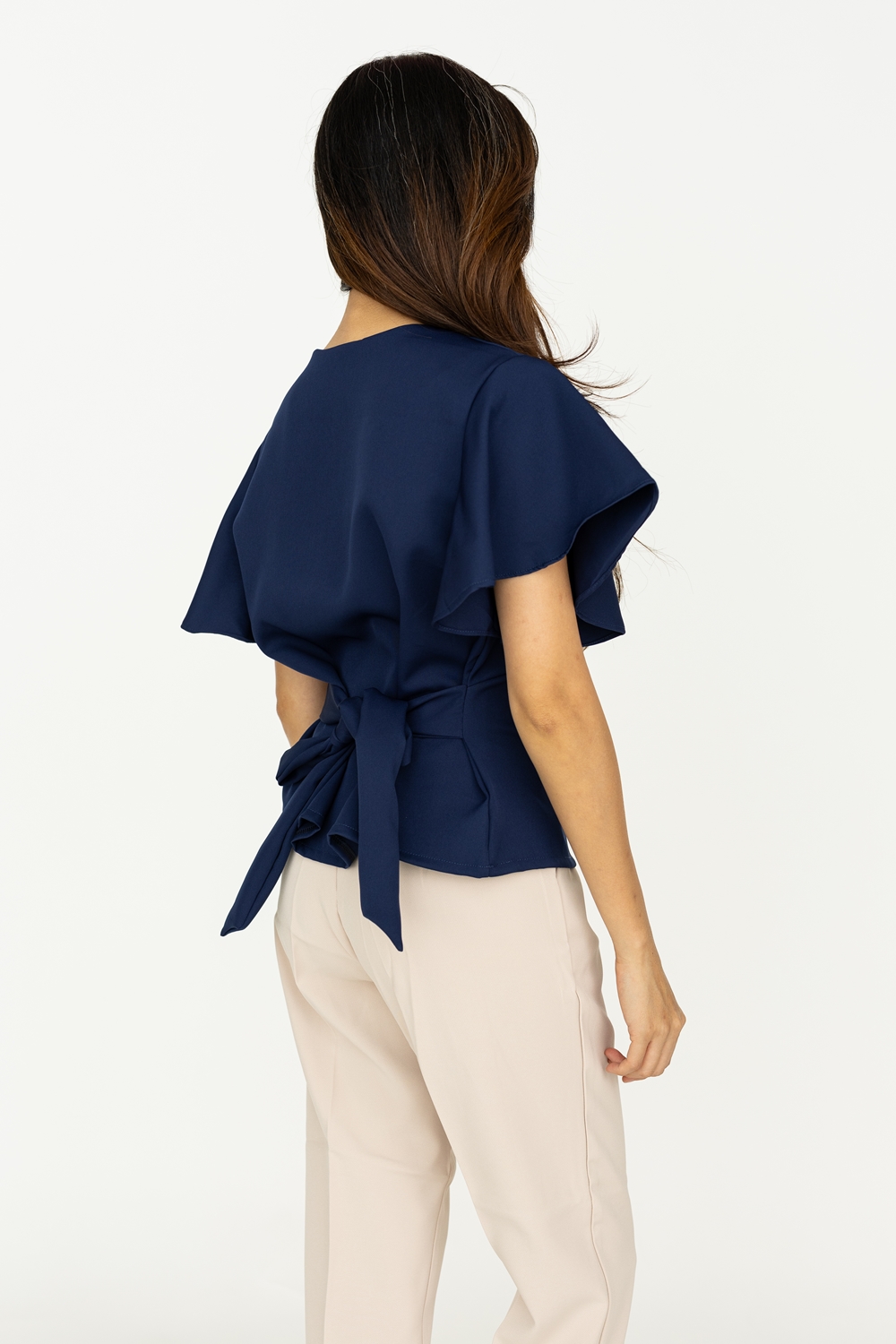 Flutter Sleeve Tie Blouse - Navy Blue - Image 2