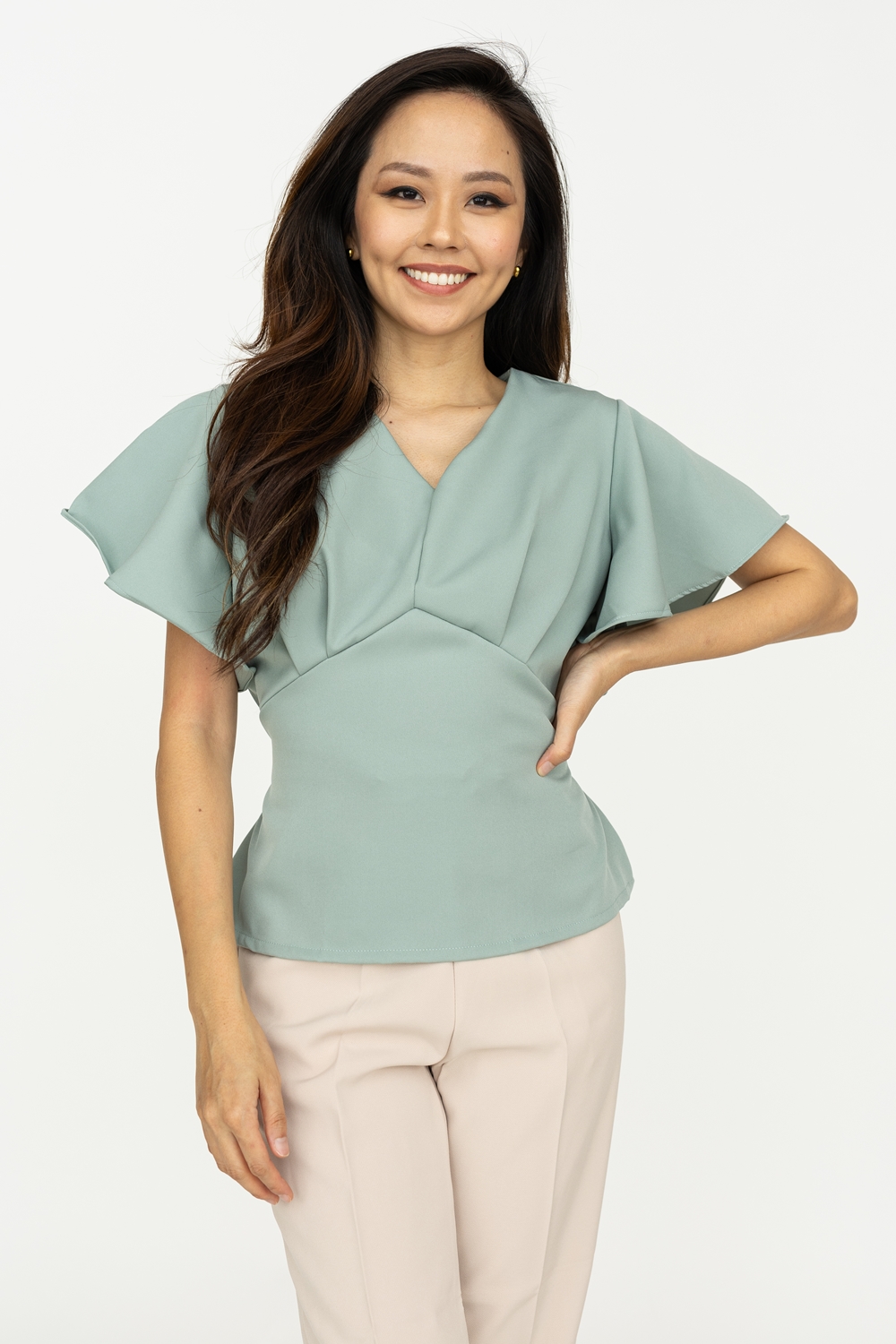 Flutter Sleeve Tie Blouse - Sage