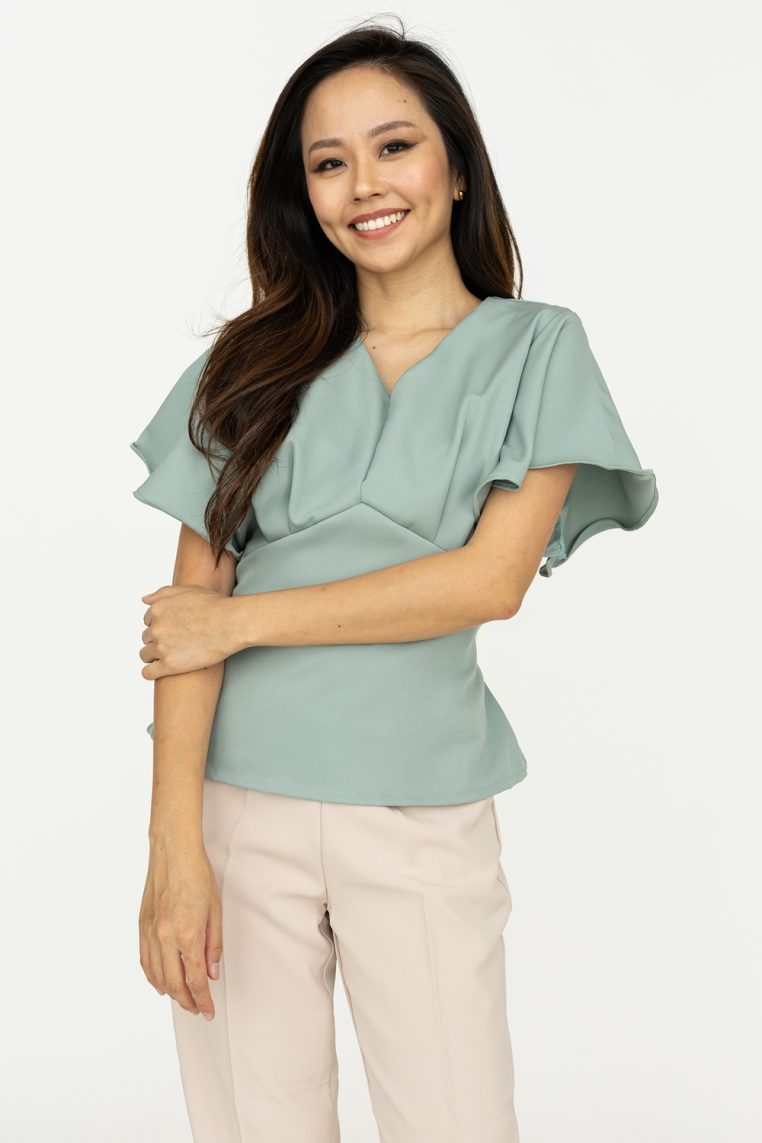 Flutter Sleeve Tie Blouse - Sage - Image 3