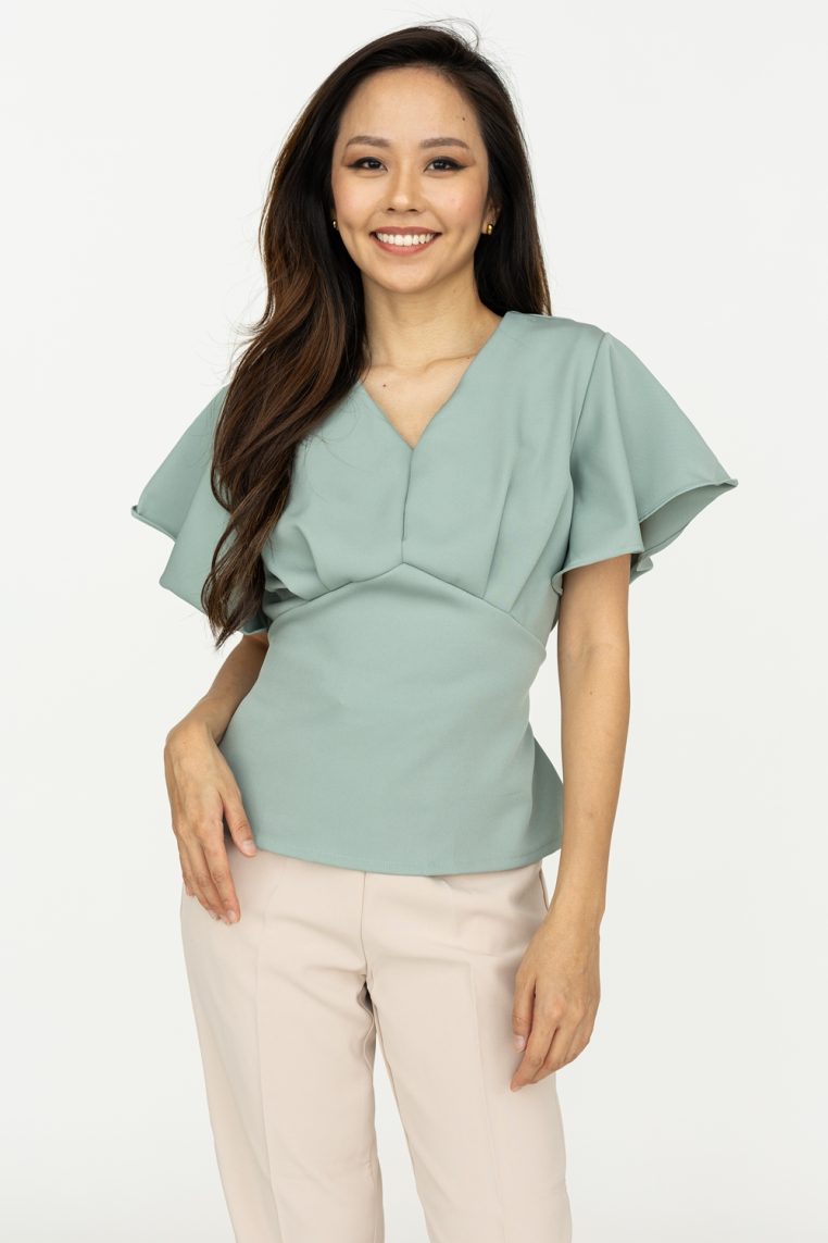 Flutter Sleeve Tie Blouse - Sage - Image 4