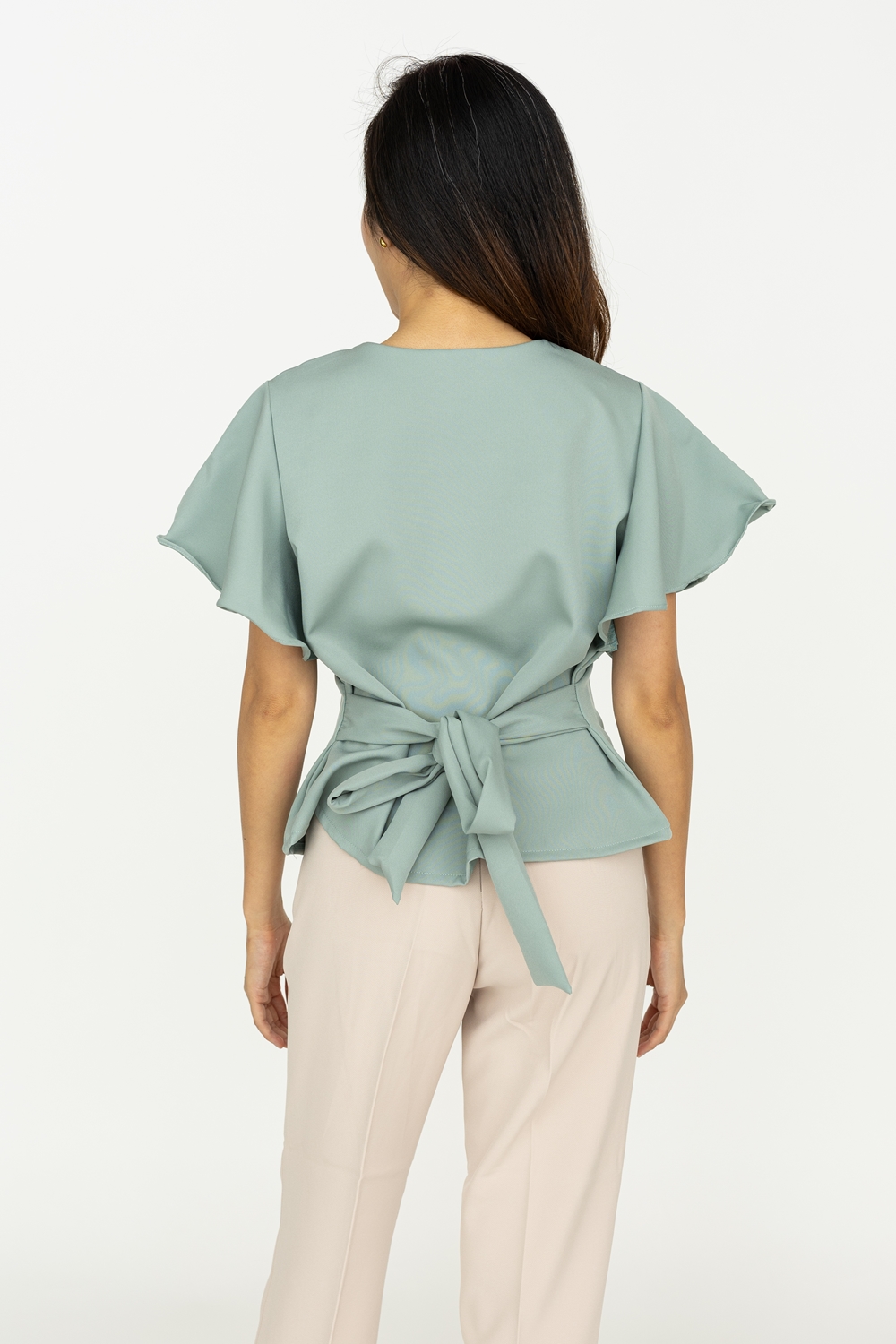 Flutter Sleeve Tie Blouse - Sage - Image 6