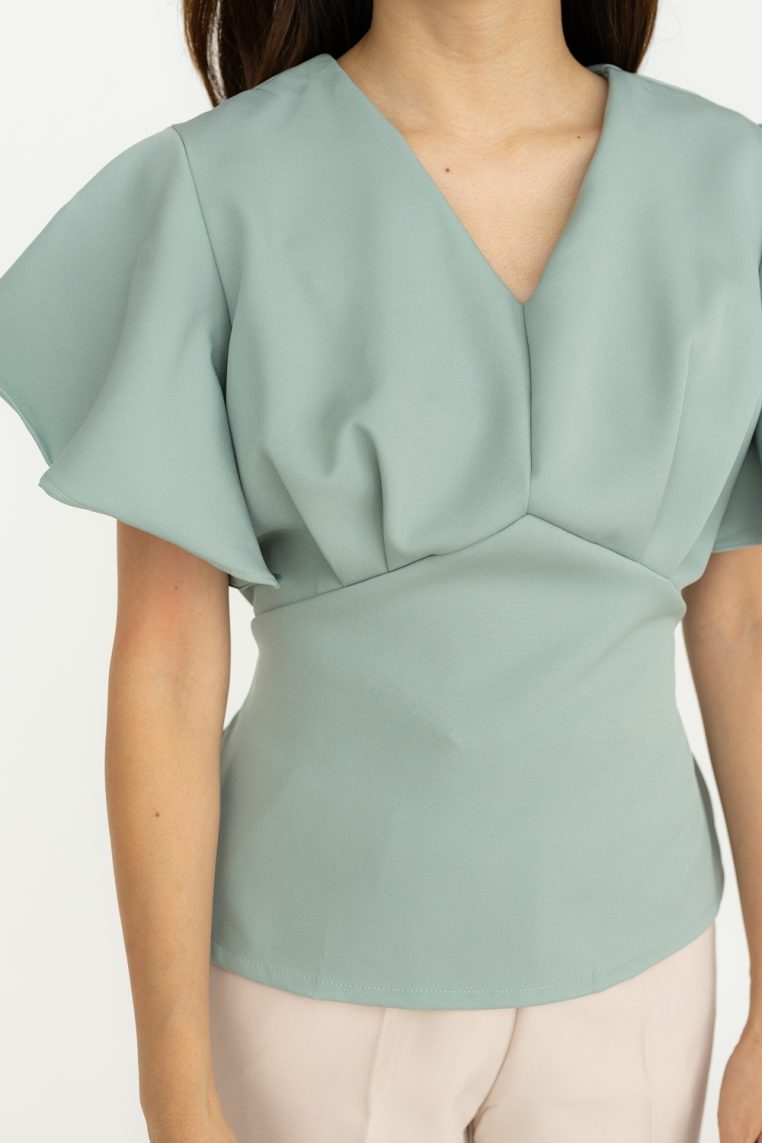 Flutter Sleeve Tie Blouse - Sage - Image 7
