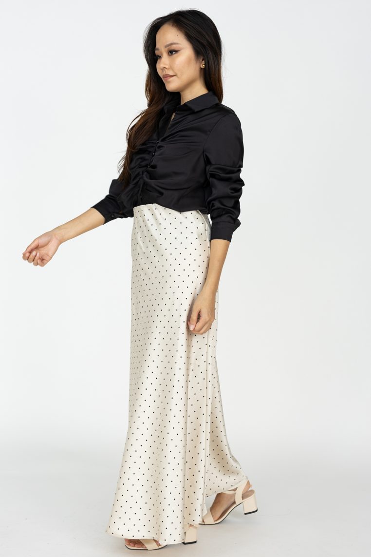 Long Sleeve Pleated Satin Blouse - Black - Image 5