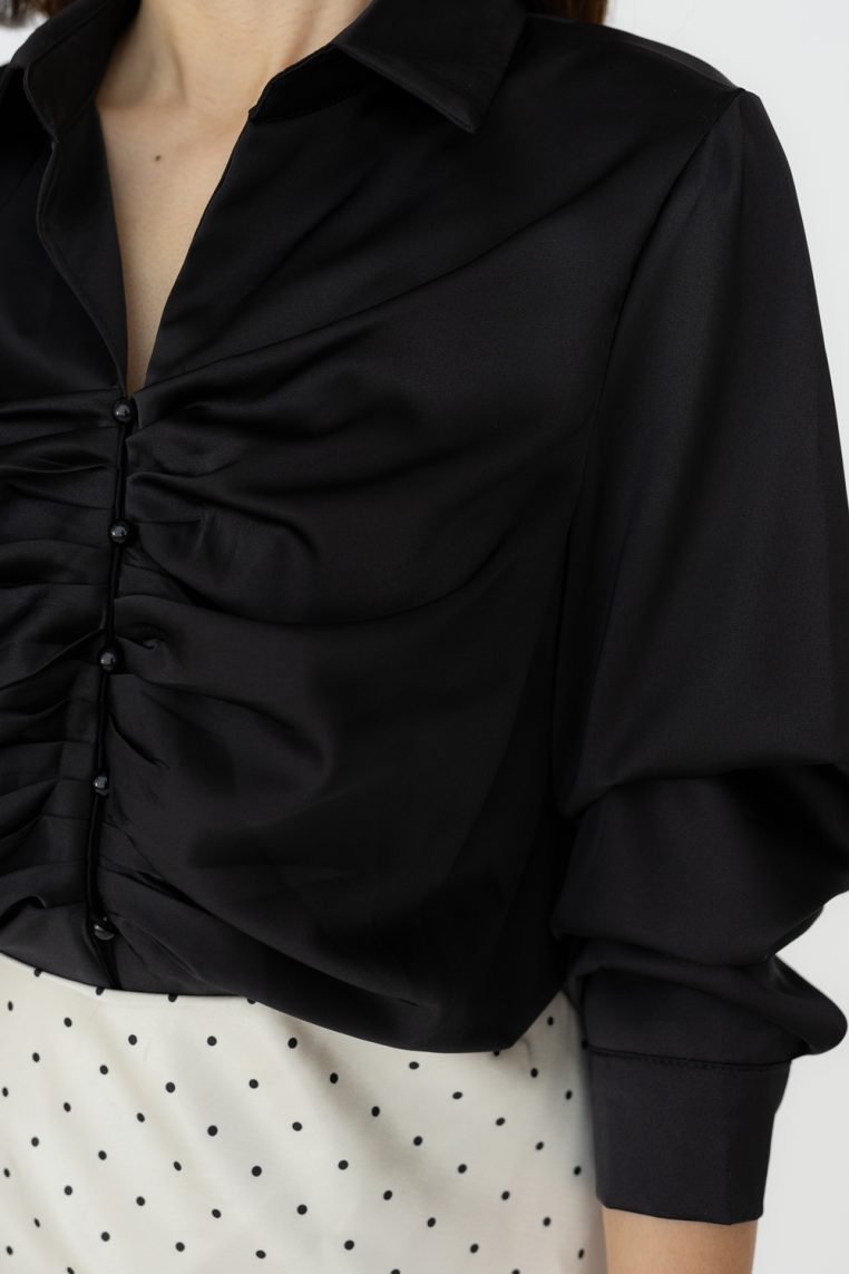 Long Sleeve Pleated Satin Blouse - Black - Image 7