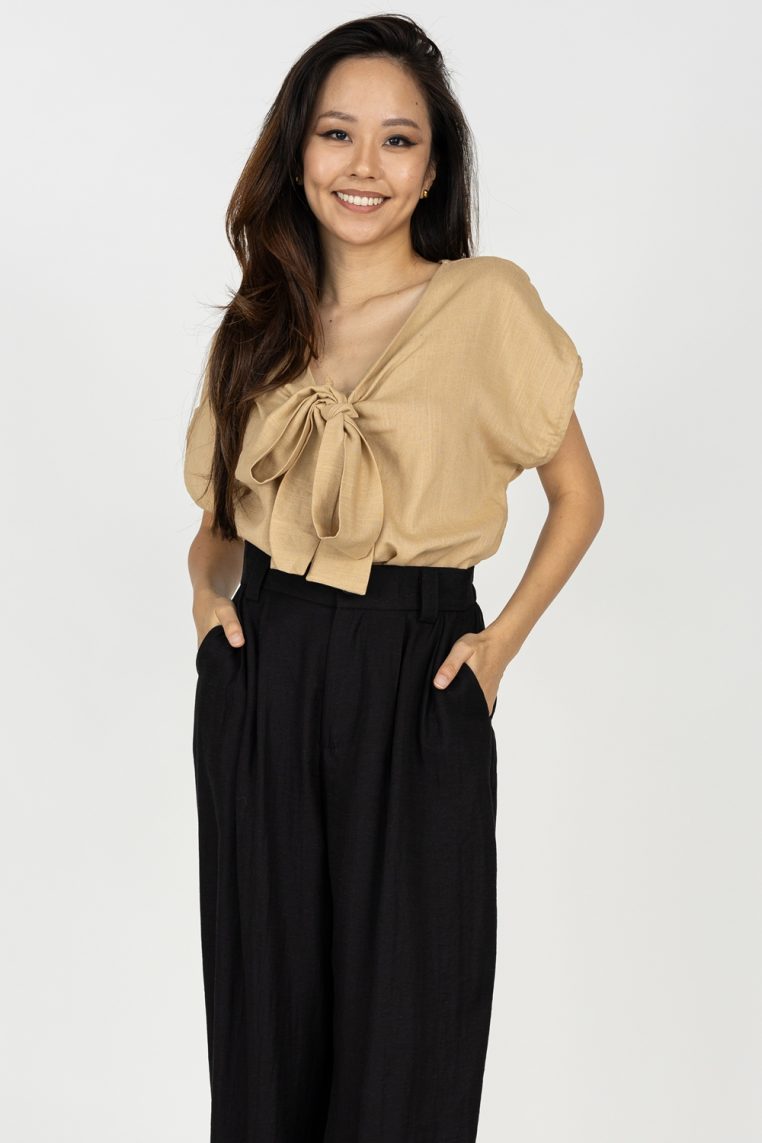 Tie Front Linen Blouse - Khaki