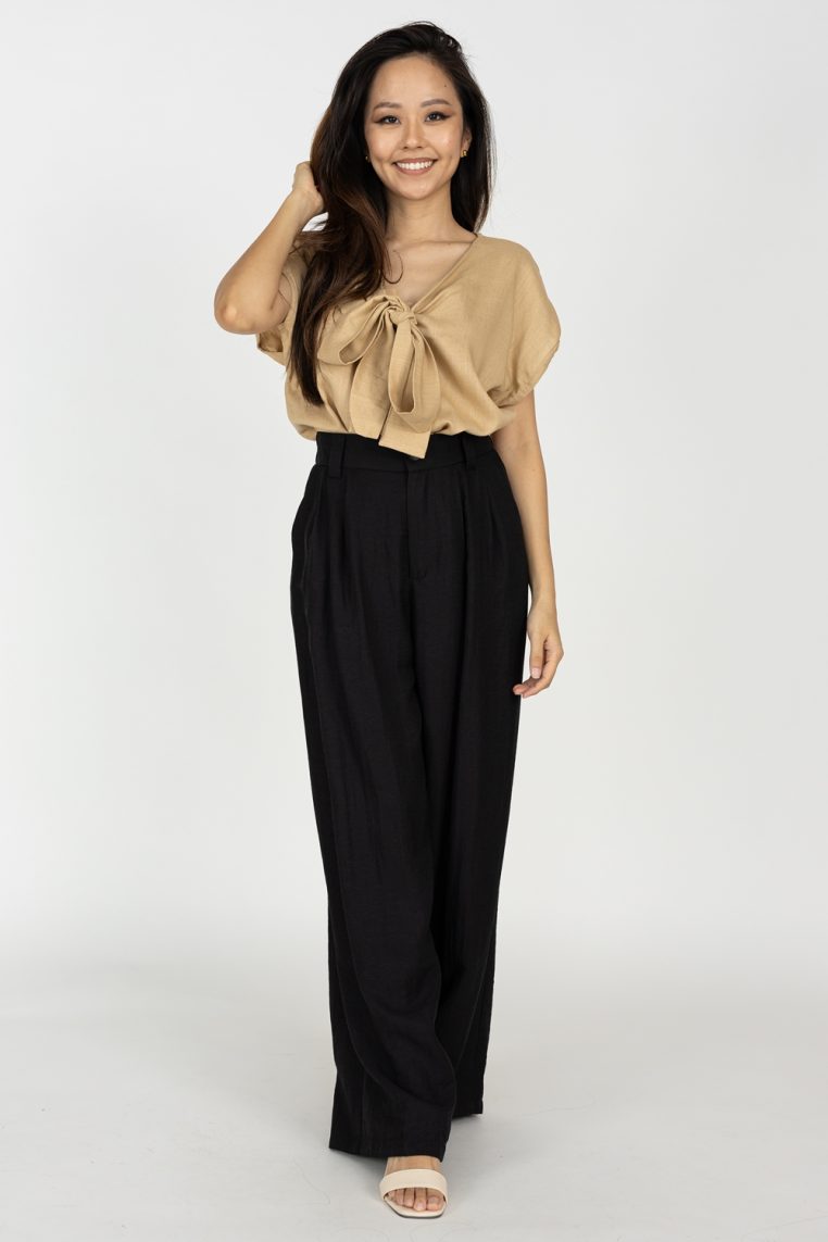 Tie Front Linen Blouse - Khaki - Image 3
