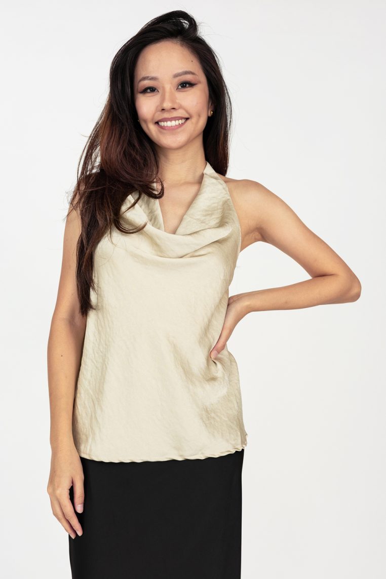 Cowl Neck Low Back Halter Blouse - Champagne