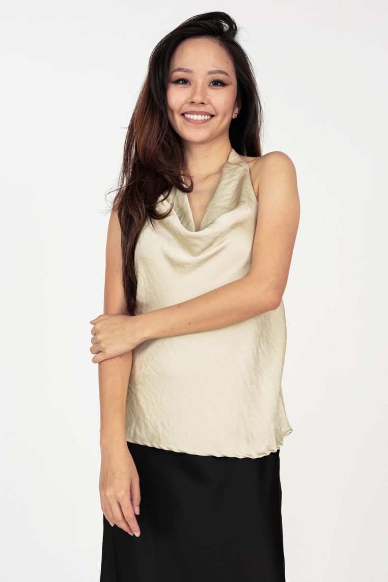 Cowl Neck Low Back Halter Blouse - Champagne - Image 3