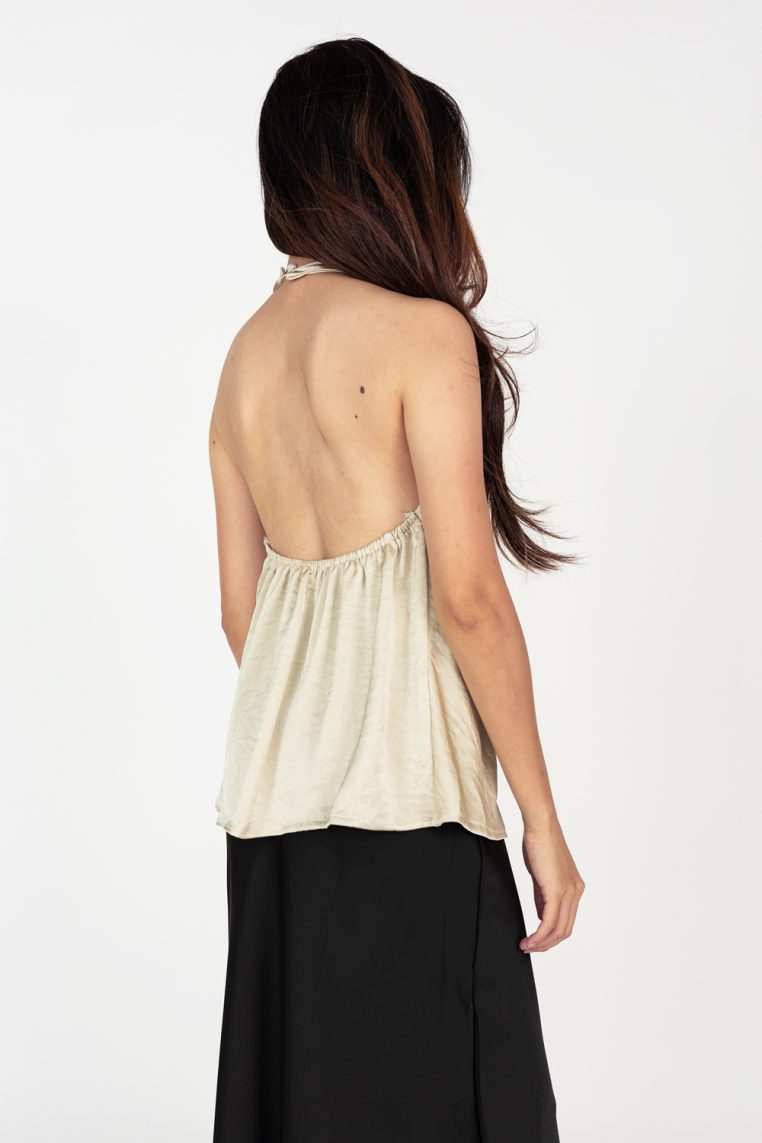 Cowl Neck Low Back Halter Blouse - Champagne - Image 6