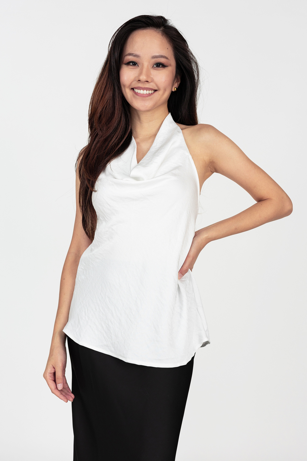 Cowl Neck Low Back Halter Blouse - White
