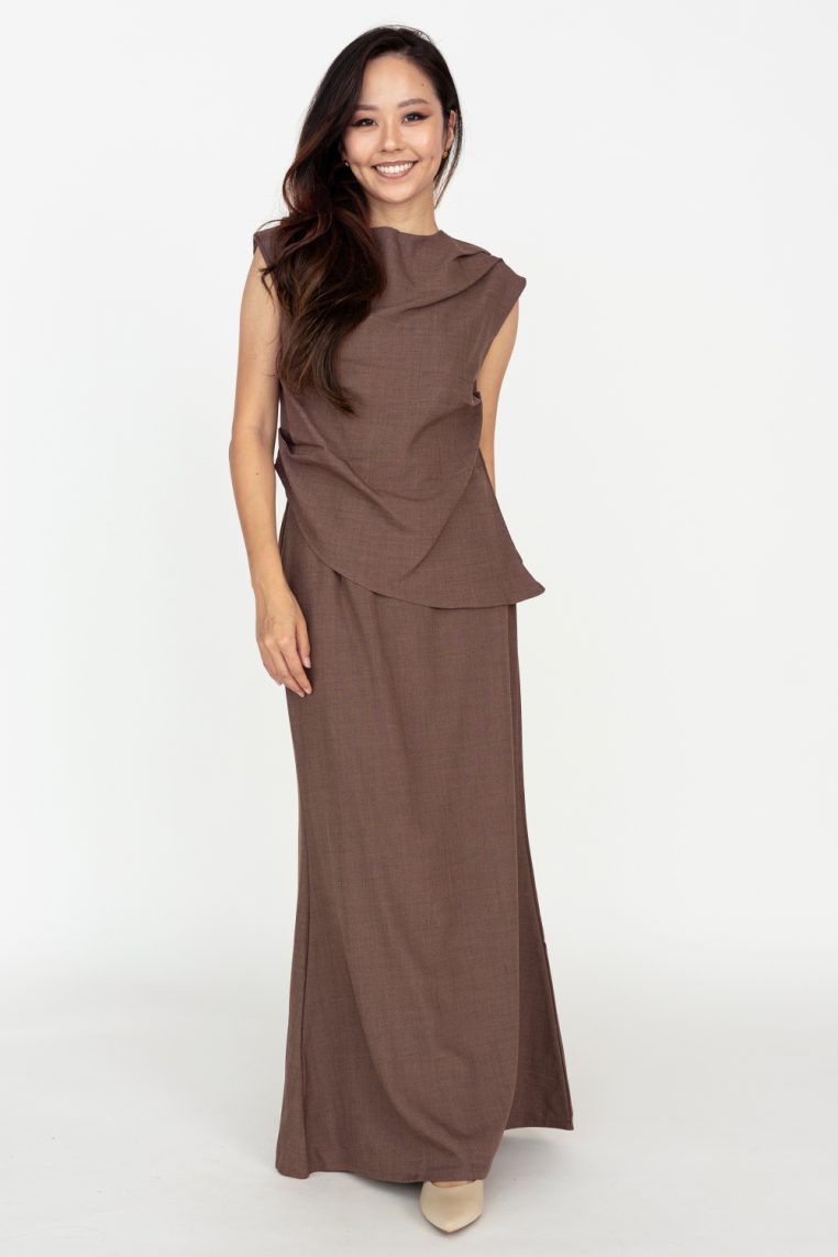 Boat Neck Blouse and Maxi Skirt Co-ord Set - Brown - Image 5